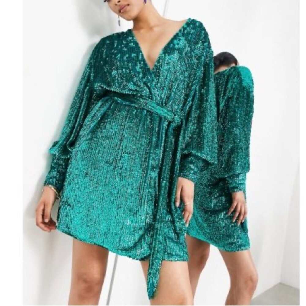 Asos Edition Sequin Wrap Long Sleeve Tie Waist Mini Dress in Teal Green